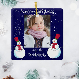 Ornamento De Cerâmica Cartão de Natal personalizado com foto de boneco d