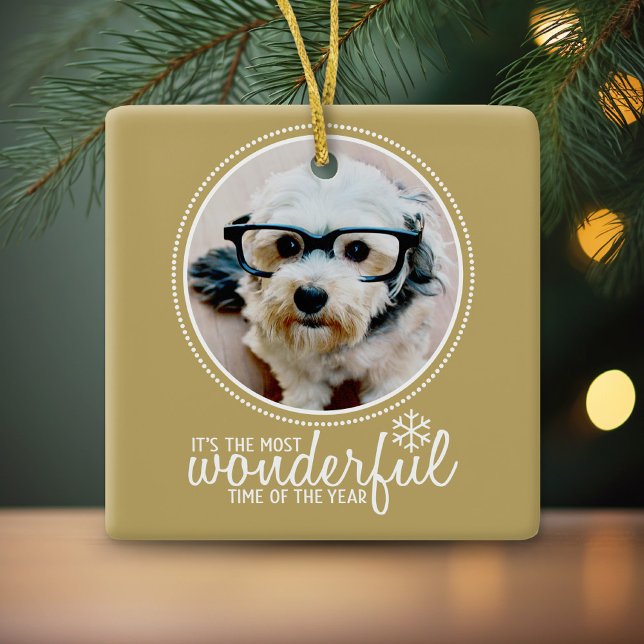 Ornamento De Cerâmica Cartão de Saudação de Foto Feliz Natal Dourado (Photo Ornament with Gold Background)