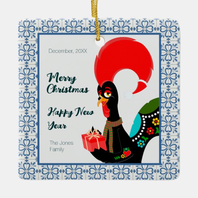 Ornamento De Cerâmica Cartaz português de Natal e quadro de azulejos azu (Frente)