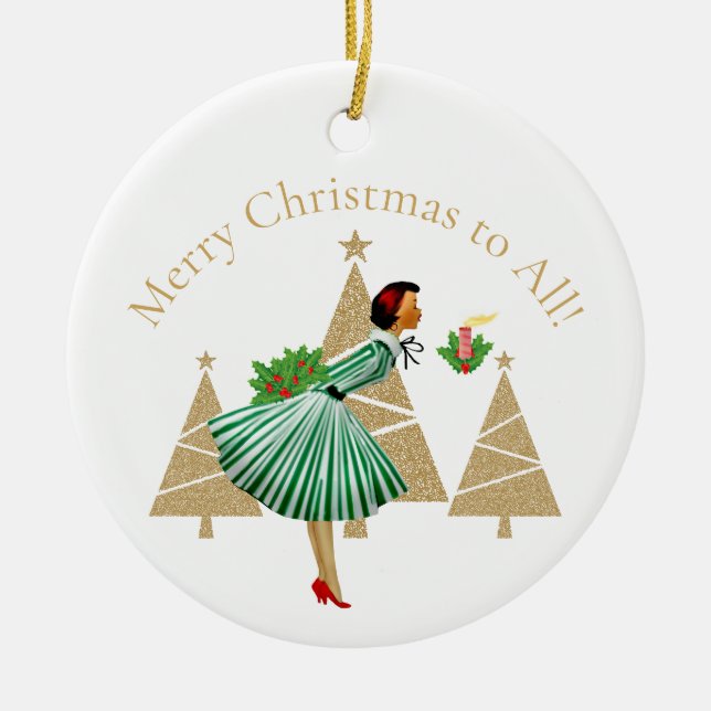 Ornamento De Cerâmica cartões de natal de dama de 1950 (Frente)