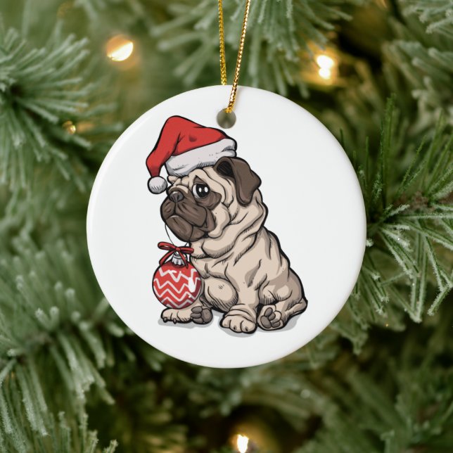 Ornamento De Cerâmica Cartografia de chapéu bonitinho de Natal Pug (Árvore)