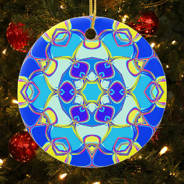 Ornamento De Cerâmica Cartografia Mandala Flor Azul Amarelo e Rosa