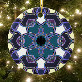 Ornamento De Cerâmica Cartografia Mandala Flor Azul Roxo Preto e Branco