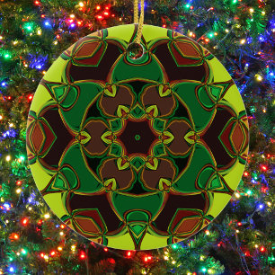 Ornamento De Cerâmica Cartografia Mandala Flor Verde Amarelo e Laranja