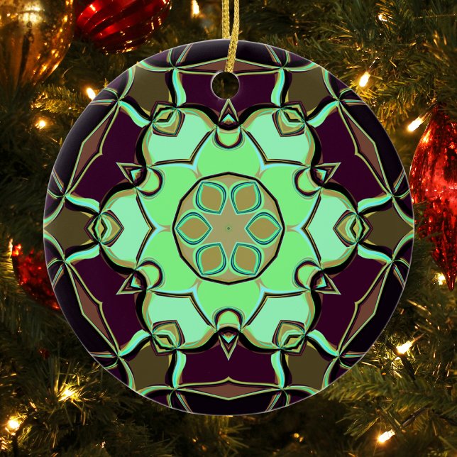 Ornamento De Cerâmica Cartografia Mandala Flor Verde Roxo e Preto (Criador carregado)