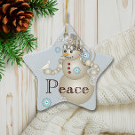 Ornamento De Cerâmica Cartoon Azul-Claro para Paz Steampunk Snowman<br><div class="desc">A tecnologia encontra a natureza como um boneco de neve mecânico com punk a vapor segura uma pomba branca inocente em sua mão. Este desenho animado original faz Enfeites de natal únicos em forma de estrela com texto personalizado para crianças.</div>