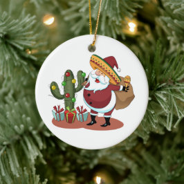 Ornamento De Cerâmica Cartoon cactus e Papai Noel vestindo um sombrero