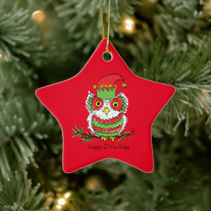 Ornamento De Cerâmica Cartoon da Owl Christmas