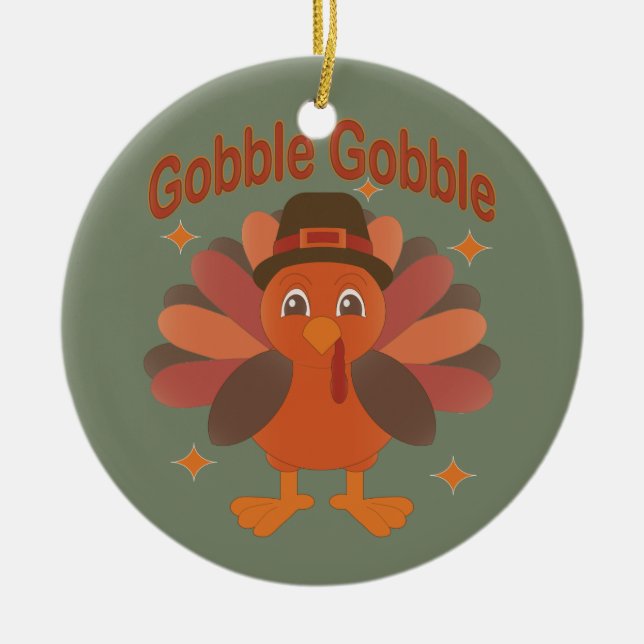 Ornamento De Cerâmica Cartoon de Ação de Graças da Turquia - "Gobble Gob (Frente)