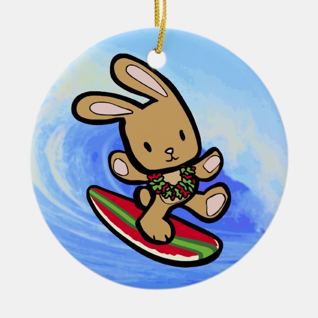 Ornamento De Cerâmica Cartoon de Férias Bunny Surfing no Havaí (Frente)