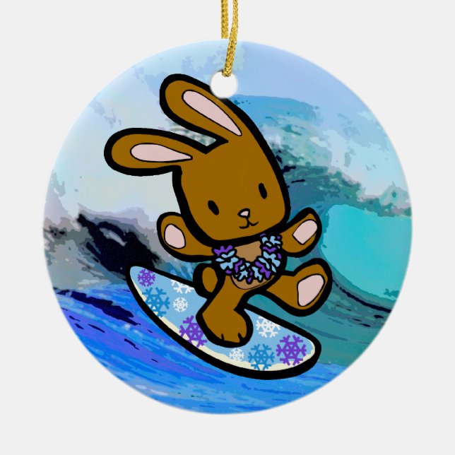 Ornamento De Cerâmica Cartoon de Férias Bunny Surfing no Havaí (Frente)