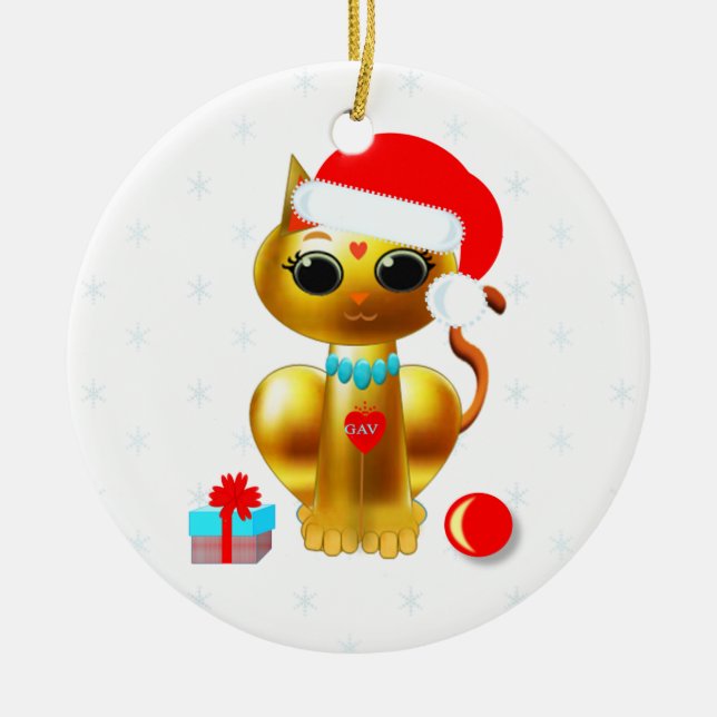 Ornamento De Cerâmica Cartoon de gato de ouro de Natal (Frente)