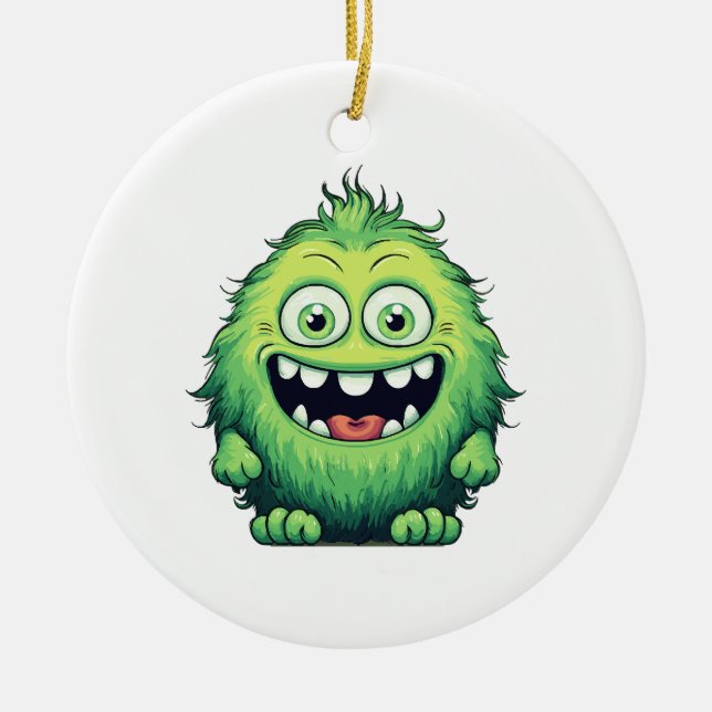 Ornamento De Cerâmica Cartoon de Monstro Verde Sorridente (Frente)