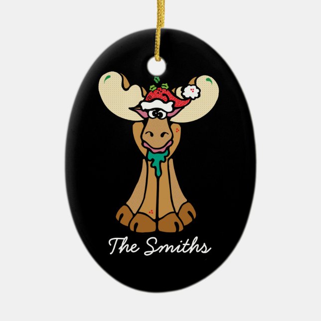 Ornamento De Cerâmica Cartoon de Moose de Natal Personalizado (Frente)