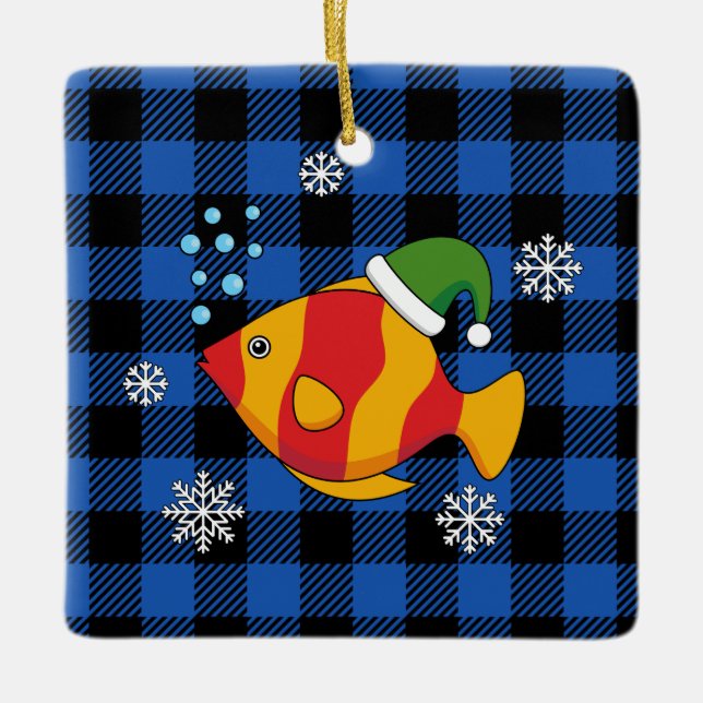 Ornamento De Cerâmica Cartoon de Peixes Tropicais do Xmas sobre Padrão d (Frente)