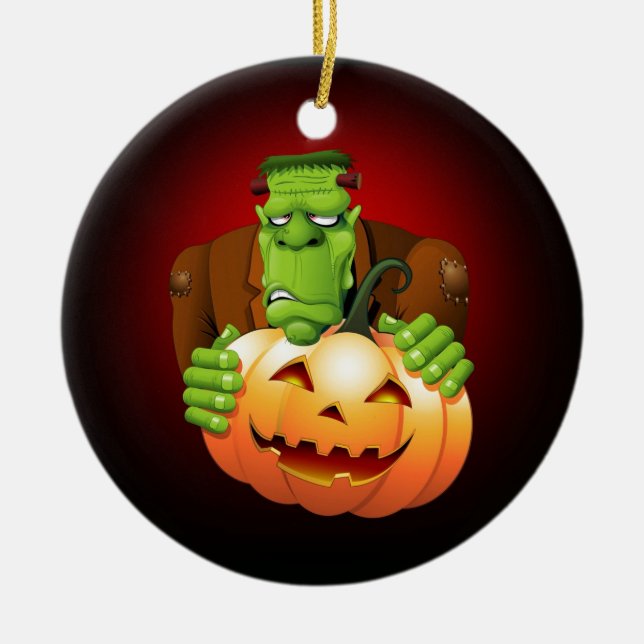 Ornamento De Cerâmica Cartoon Frankenstein Monster com Pumpkin (Frente)