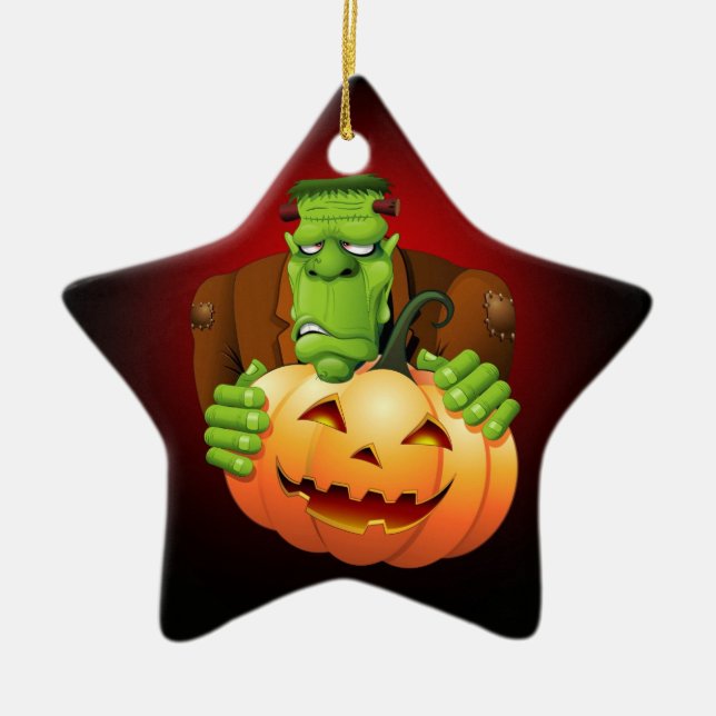 Ornamento De Cerâmica Cartoon Frankenstein Monster com Pumpkin (Frente)