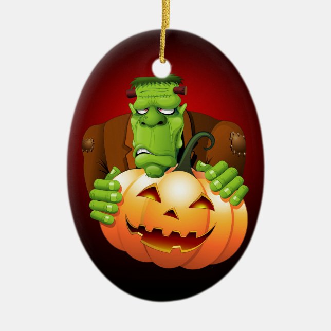 Ornamento De Cerâmica Cartoon Frankenstein Monster com Pumpkin (Frente)
