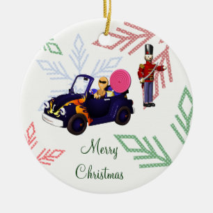 Ornamento De Cerâmica Cartoon Gingerpão Cruzando num Carro de Brinquedos