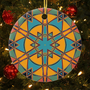 Ornamento De Cerâmica Cartoon Mandala Amarelo Azul e Laranja