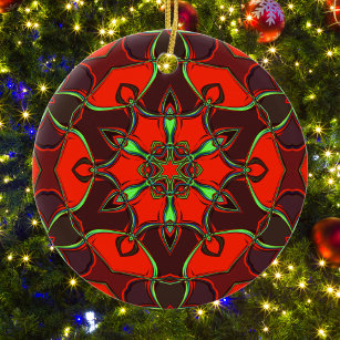 Ornamento De Cerâmica Cartoon Mandala Flor Vermelho e Teal