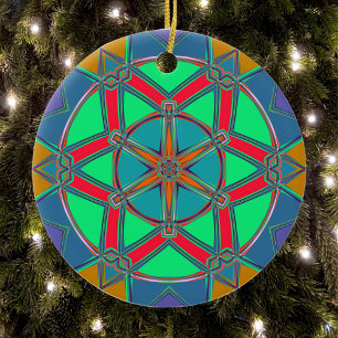 Ornamento De Cerâmica Cartoon Mandala Verde Vermelho e Azul