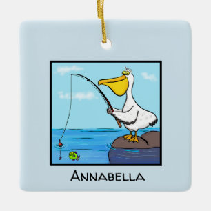 Ornamento De Cerâmica Cartoon pelicano de pesca engraçado