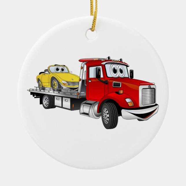 Ornamento De Cerâmica Cartoon Red Tow Truck Flatbed (Frente)