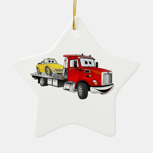 Ornamento De Cerâmica Cartoon Red Tow Truck Flatbed (Frente)