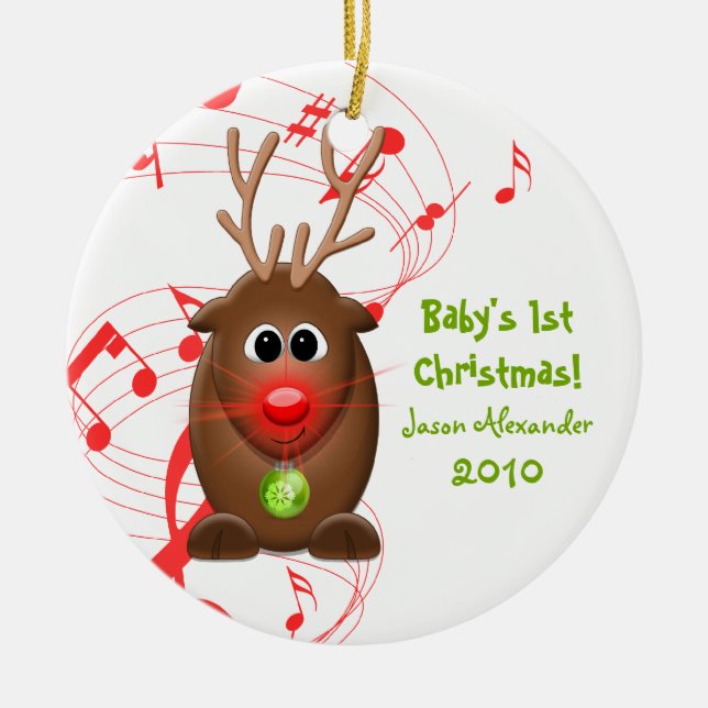 Ornamento De Cerâmica Cartoon Reindeer Bebês Primeira Ornação de Natal (Frente)