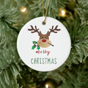 Ornamento De Cerâmica Cartoon Reindeer Bonito Com Mistletoe