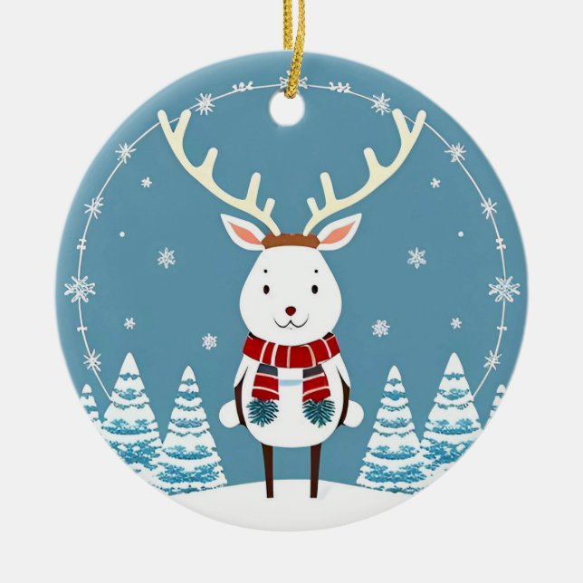 Ornamento De Cerâmica Cartoon Reindeer Festivo com Scarf (Frente)