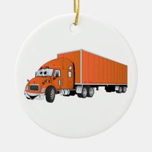 Ornamento De Cerâmica Cartoon Semi Truck Orange Trailer
