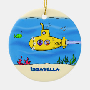 Ornamento De Cerâmica Cartoon submarino feliz