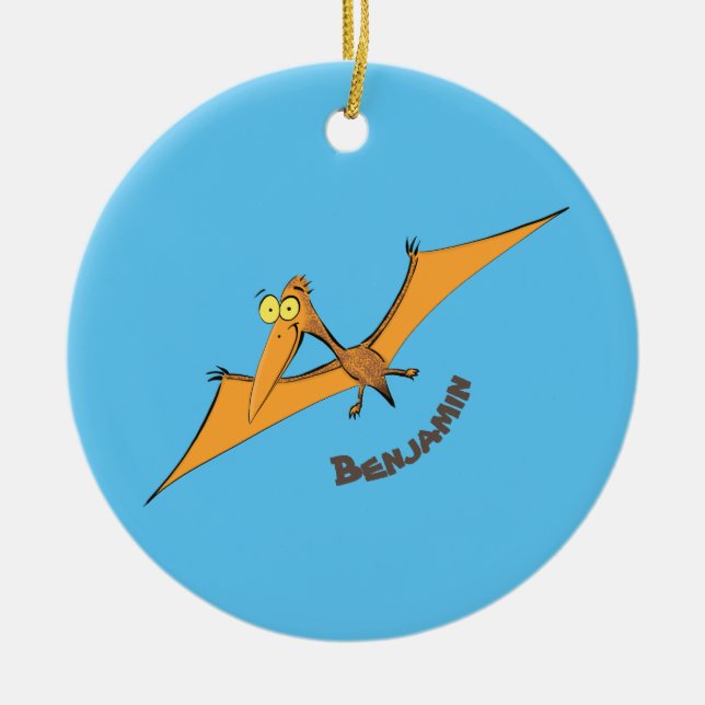 Ornamento De Cerâmica Cartoon voador de pterodátilo, cor de laranja giro (Frente)
