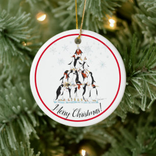 Ornamento De Cerâmica Cartum de Natal do Penguin Tree Fun Holiday