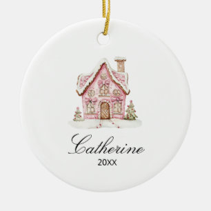 Ornamento De Cerâmica Casa de Pão de Mel Rosa Natal Nome Personalizado