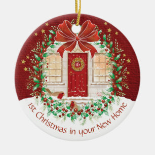 Ornamento De Cerâmica Casa nova do ø Natal do casal, 2 robins