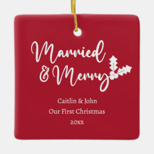 Ornamento De Cerâmica Casado e Feliz Primeiro Natal Novo Vermelho