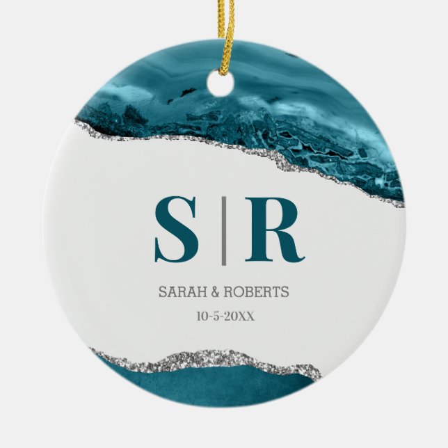 Ornamento De Cerâmica Casais de Ágata de Teal Geode Monogramas Natal Mon (Frente)