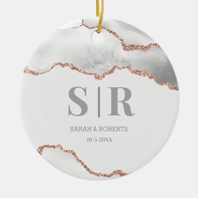 Ornamento De Cerâmica Casais de Agate Geodo da cinza Monograma (Frente)