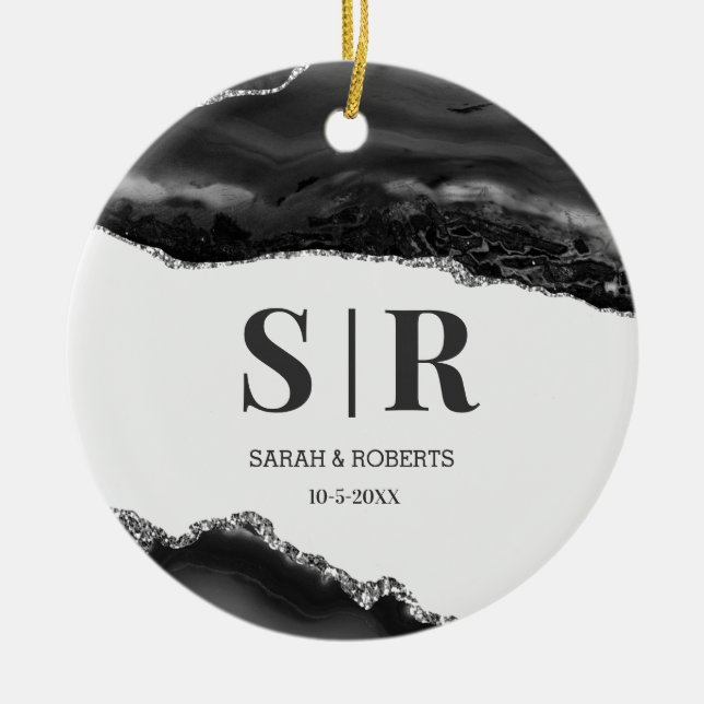 Ornamento De Cerâmica Casais de Agate Geodo Negro Monogramas Natal (Frente)