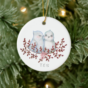 Ornamento De Cerâmica Casais de Pombinhos Fofos Primeiro Natal Juntos