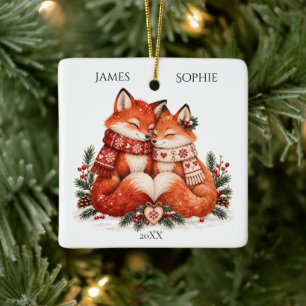 Ornamento De Cerâmica Casais de Raposas de Natal Nórdico Inverno Escandi