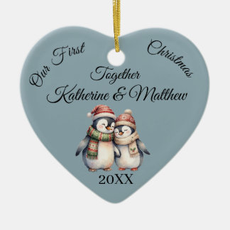 Ornamento De Cerâmica Casais Juntos no Natal Azul Cinza Personalizado