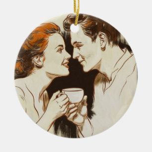 Ornamento De Cerâmica Casais Românticos de Data do Café Compartilhando B