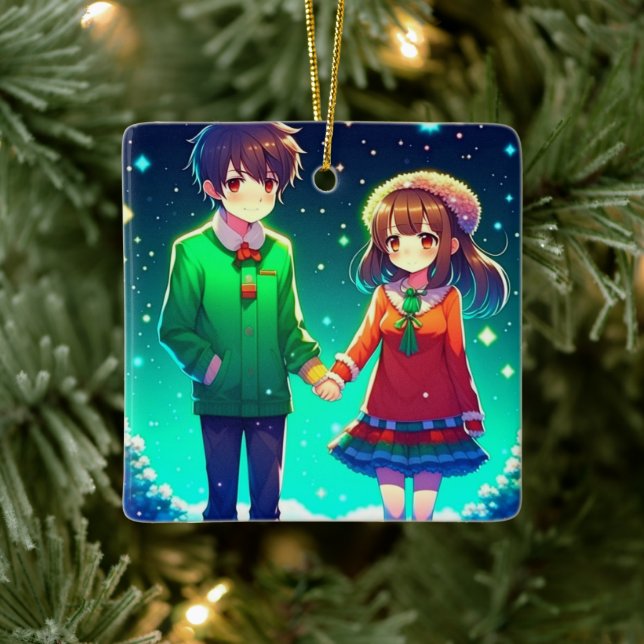Ornamento De Cerâmica Casal de Anime Bonito com Mãos Personalizadas (Árvore)