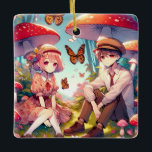 Ornamento De Cerâmica Casal de anime romântico<br><div class="desc">Enfeites de natal personalizado para casais. Um presente romântico de guardas. Adicione nomes e anos na área de personalização. Anime boy e garota apaixonada sentada em um lote de cogumelos e flores antigos com borboletas voando ao fundo.</div>