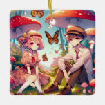 Ornamento De Cerâmica Casal de anime romântico<br><div class="desc">Enfeites de natal personalizado para casais. Um presente romântico de guardas. Adicione nomes e anos na área de personalização. Anime boy e garota apaixonada sentada em um lote de cogumelos e flores antigos com borboletas voando ao fundo.</div>