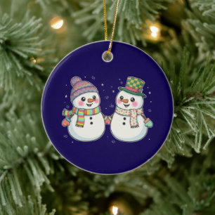 Ornamento De Cerâmica Casal de Boneco de Neve de Desenho Animado Fofo de